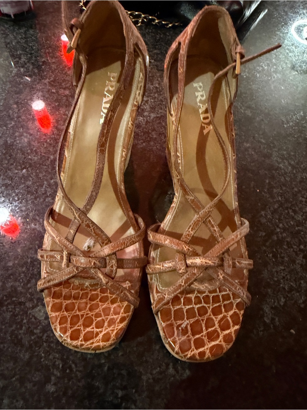 Prada Brown Croc-Effect Strappy High Heels